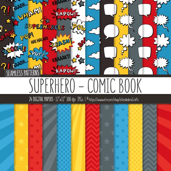 Superhero Digital Paper Pack. Action Words Comic Sounds Seamless Patterns. Comic Book Backgrounds. Printable Speech Bubble Digital Scrapbook