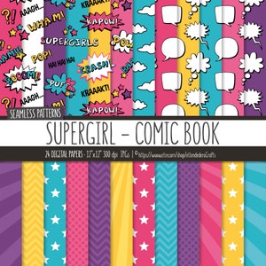 Pacote de papel digital Supergirl. Palavras de ação em quadrinhos soam padrões sem emenda. Fundos de quadrinhos. Álbum de recortes digital com balão de fala para impressão
