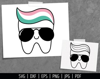 Dent SVG. Dent drôle avec des lunettes de soleil et des fichiers de toupet de dentifrice. Dessin Animé Enfants Vecteur Dent Clipart. Machine de découpe dxf eps png jpg pdf