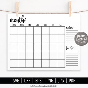 Blank Calendar SVG. Digital Monthly Calendar Vector Cut Files Cutting ...