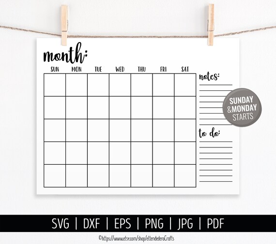 Blank Calendar SVG. Digital Monthly Calendar Vector Cut Files Cutting  Machine. Printable Farmhouse Calendar Download. Month Planner Pdf Dxf -  Etsy Sweden