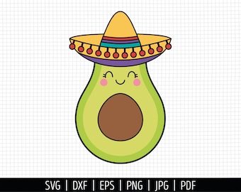 アボカド SVG。フィエスタ シンコ デ マヨ カット ファイル。メキシコ料理 SVG 女の子 アボカドとソンブレロ PNG クリップアート。カッティング マシン用シャツ ベクター ファイル