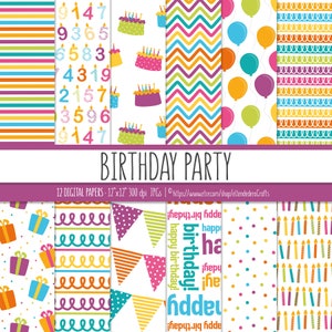 Birthday Digital Paper Package. Multicolor Kids Birthday Party Seamless Patterns. Children Printable Papers Set. Colorful Digital Scrapbook