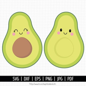 May include: Two cartoon avocado halves with smiling faces and pink cheeks. The avocado halves are green with brown pits.