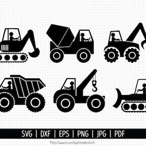 Construction Truck SVG. Vector Construction Vehicles, Excavator Concrete Mixer Digger Dumptruck Crane Bulldozer png Clipart. Cut Files dxf