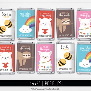 Dziecięce walentynkowe mini opakowania na batoniki cukierkowe. Klasyczne mini opakowania na batoniki czekoladowe. Cyfrowe etykiety PDF na upominki walentynkowe. Dekoracje smakołyków do pobrania
