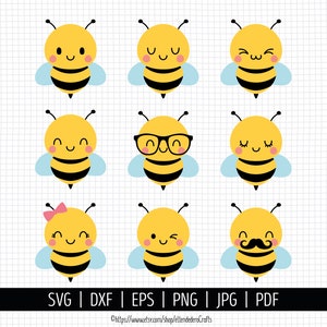 May include: A digital collection of nine yellow and black bee illustrations with various facial expressions and accessories, including glasses, a pink bow, and a mustache, with the text SVG | DXF | EPS | PNG | JPG | PDF at the bottom.