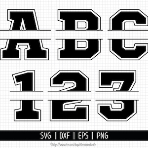 Split Alphabet SVG. Sports Font Clipart. College Letters and Numbers Monogram Cut Files. Football Vector Files Cutting Machine, png dxf eps