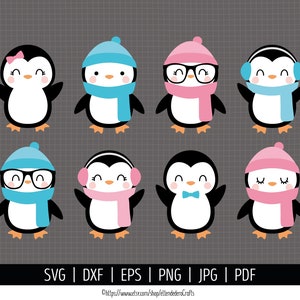 SVG Pingüinos. Archivos Corte Pingüino Infantil. Clipart Pingüinos Niño y Niña con Bufanda y Gorro. Vectores Máquinas Corte Descarga Digital