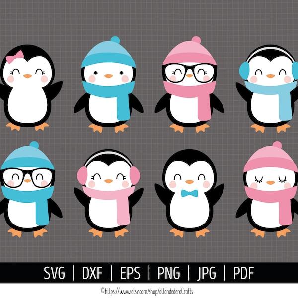 Penguin SVG. Baby Girl and Boy Penguins PNG Clipart. Kids Penguin with Scarf and Hat Cut Files Silhouette Vector Cutting Machine Download