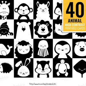 May include: Set of 40 black and white high contrast printable animal cards. The cards feature a variety of animals, including a giraffe, monkey, llama, lion, cat, crab, whale, sheep, jellyfish, penguin, pig, hedgehog, rabbit, squirrel, turtle, and a stingray.