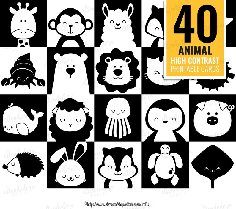 May include: Set of 40 black and white high contrast printable animal cards. The cards feature a variety of animals, including a giraffe, monkey, llama, lion, cat, crab, whale, sheep, jellyfish, penguin, pig, hedgehog, rabbit, squirrel, turtle, and a stingray.