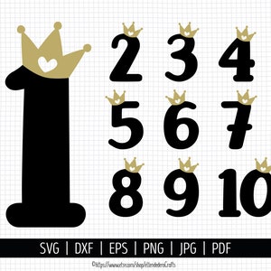 Cijfers met kroon-svg-bestanden. 1-10 gouden kroon nummers vectorbestanden voor snijmachine silhouet Cricut. Verjaardag meisje prinses, png