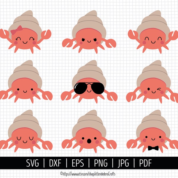 Einsiedlerkrebs SVG Bundle. Cartoon Meerestiere Cut Dateien. Niedliche Baby Krabbe Mädchen und Junge PNG Clipart. Kinder Vektor-Schneidemaschine Download dxf eps