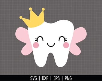 Tooth Fairy SVG. Cute Girl Tooth with Crown Cut Files. Vector Kawaii Winged Tooth Clipart. Cutting Machine Instant Download dxf eps png