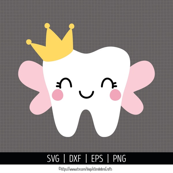 Tooth Fairy SVG. Cute Girl Tooth with Crown Cut Files. Vector Kawaii Winged Tooth Clipart. Cutting Machine Instant Download dxf eps png