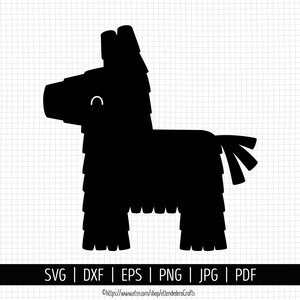 May include: Black silhouette of a pinata shaped like a donkey. The pinata has a fringed tail and a smiling face.