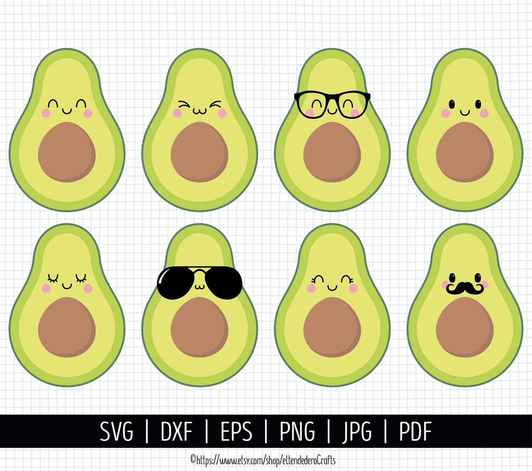 Avocado SVG. Kawaii Avocado Bundle Clipart PNG. Cute Mustache Avocado ...