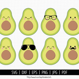 Avocado SVG. Kawaii Avocado Bundle Clipart PNG. Cute Mustache Avocado Cut Files. Food Vector Files Cutting Machine Digital Instant Download