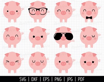 Piggy SVG. Baby Pig Bundle Clipart PNG. Piglet Boy - Girl Cut Files. Kids Farm Animals with Sunglasses Silhouette Vector for Cutting Machine