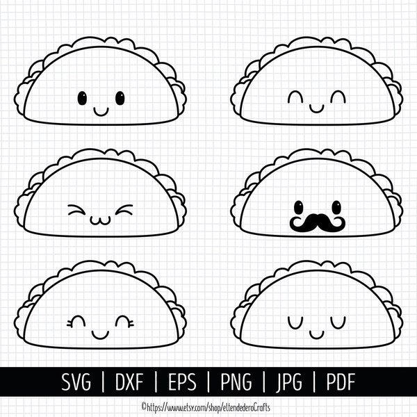 Taco SVG. Cinco de Mayo Cut Files. Mexican Food SVG, Kawaii Taco with Mustache PNG Clipart. Cute Face Shirt Vector Cutting Machine, dxf eps