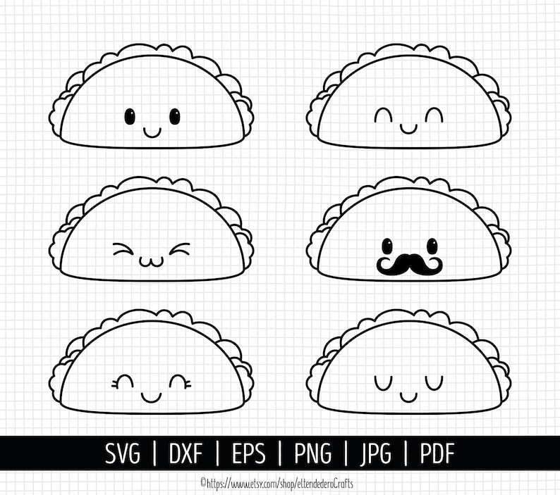 May include: Set of six black and white outline illustrations of tacos with different facial expressions. The tacos have a simple design and are perfect for use in crafts, scrapbooking, or digital projects.