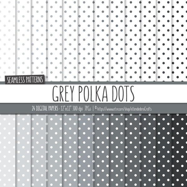 Grey Polka Dot Digital Paper Pack. Monochrome Gray Dotted Backgrounds. Printable Papers. Polkadot Patterns. Dots Digital Scrapbook Download