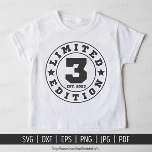 3周年記念2023年SVG。3歳の誕生日Tシャツ用ベクターカッティングマシン。3周年記念限定バッジカットファイルシルエットCricutダウンロード