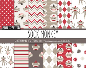 Digitalt papperspaket med sockapa. Sömlösa mönster med fräck apa. Utskrivbara pappersset. Digital scrapbook för bakgrunder, direktnedladdning.