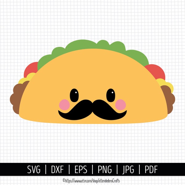 Taco SVG. Cinco de Mayo Cut Files. Mexican Food SVG, Kawaii Taco with Mustache PNG Clipart. Cute Face Shirt Vector Cutting Machine, dxf eps