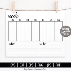 Calendário em branco SVG. Máquina de corte de arquivos de corte vetorial de calendário semanal digital. Download do calendário da fazenda para impressão. Planejador semanal pdf dxf