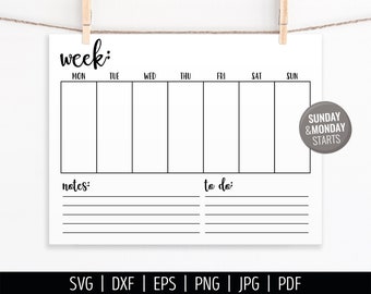 Blank Calendar SVG. Digital Weekly Calendar Vector Cut Files Cutting Machine. Printable Farmhouse Calendar Download. Week Planner pdf dxf