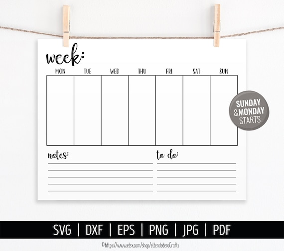 Blank Calendar SVG. Digital Weekly Calendar Vector Cut Files Cutting  Machine. Printable Farmhouse Calendar Download. Week Planner Pdf Dxf - Etsy