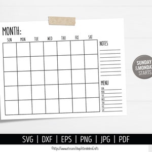 Calendário em branco SVG. Máquina de corte de arquivos de corte vetorial de calendário mensal digital. Download do calendário da fazenda para impressão. Planejador do mês pdf dxf