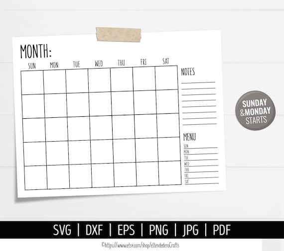 Blank Calendar SVG. Digital Monthly Calendar Vector Cut Files - Etsy