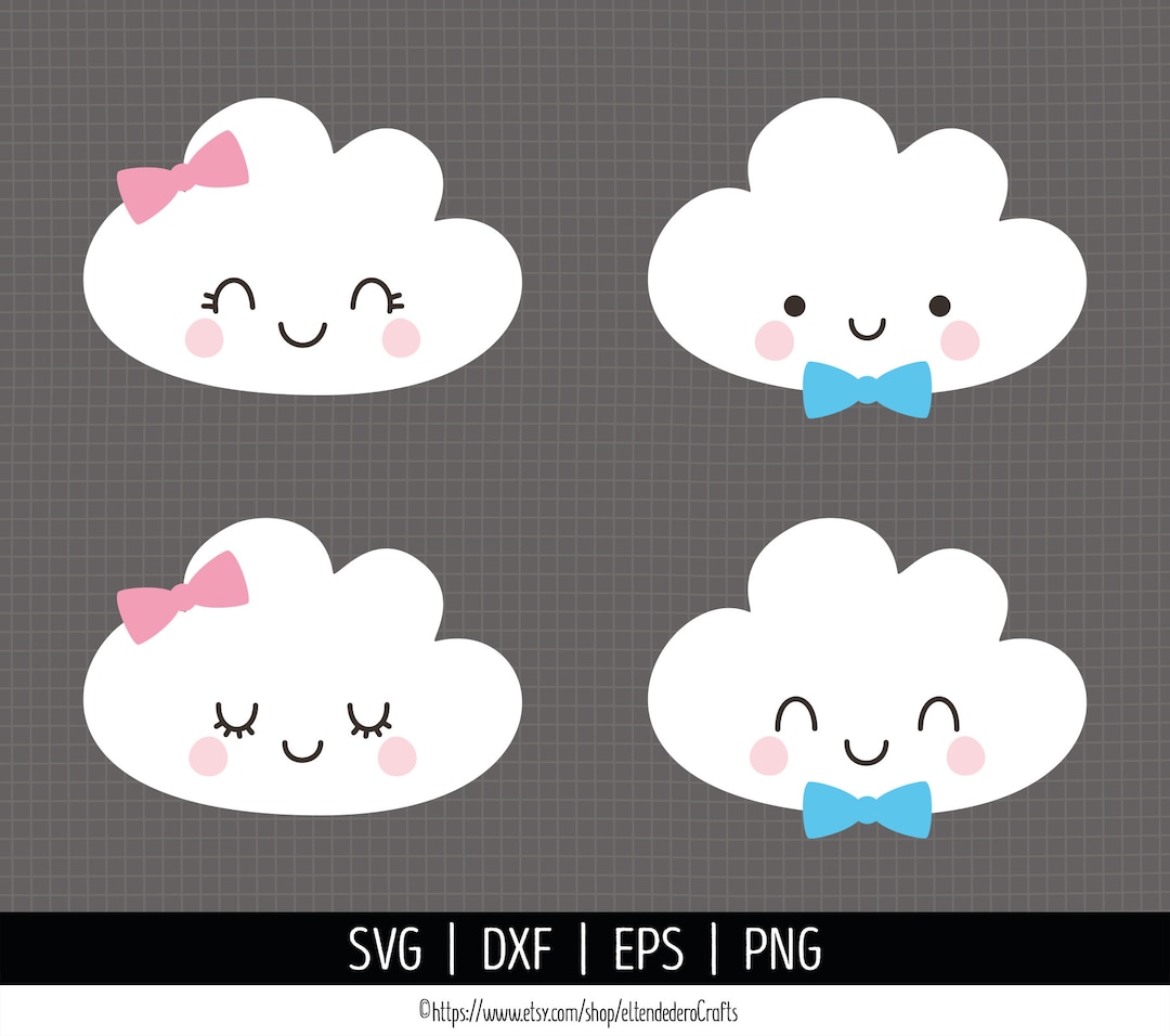 Baby Cloud SVG. Kids Cute Cloud Girl and Boy Clipart. Kawaii Cloud Bow