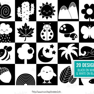May include: Black and white illustrations of 20 different designs, including a snail, cactus, sun, mountains, flower, cloud, maple leaf, ladybug, mushroom, butterfly, bee, tree, moon, palm tree, wave, acorn, rainbow, leaf, and fish. The text "20 DESIGNS BLACK ON WHITE & WHITE ON BLACK" is at the bottom of the image.