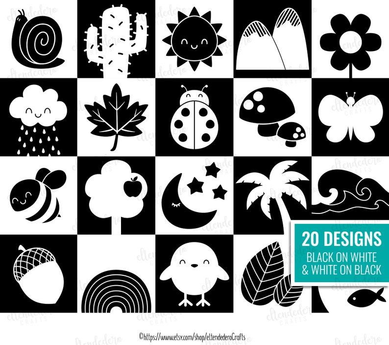May include: Black and white illustrations of 20 different designs, including a snail, cactus, sun, mountains, flower, cloud, maple leaf, ladybug, mushroom, butterfly, bee, tree, moon, palm tree, wave, acorn, rainbow, leaf, and fish. The text "20 DESIGNS BLACK ON WHITE & WHITE ON BLACK" is at the bottom of the image.