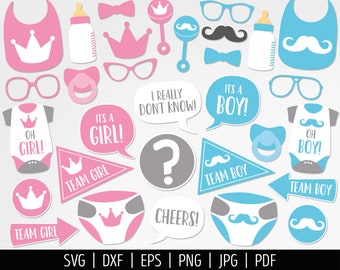 Gender Reveal Photo Booth Props SVG. Team Girl Team Boy Vector Cut Files eps dxf. Printable Pink Blue Baby Shower Selfie Station Accessories