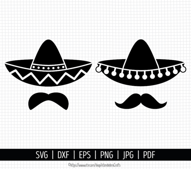 May include: Two black and white illustrations of a sombrero hat with a mustache underneath. The sombrero on the left has a zig-zag pattern around the brim. The sombrero on the right has a row of circles around the brim.