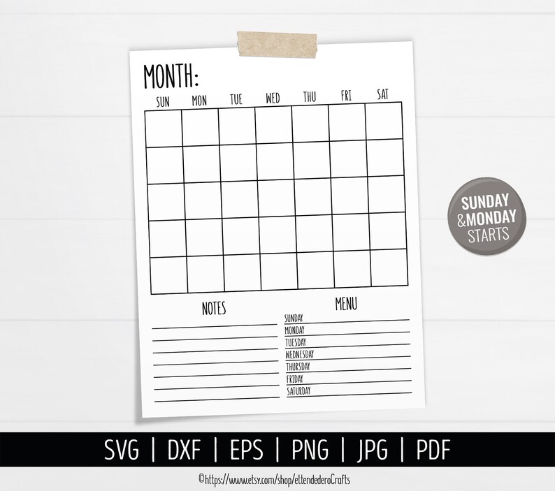 Blank Calendar SVG. Digital Monthly Calendar Vector Cut Files - Etsy