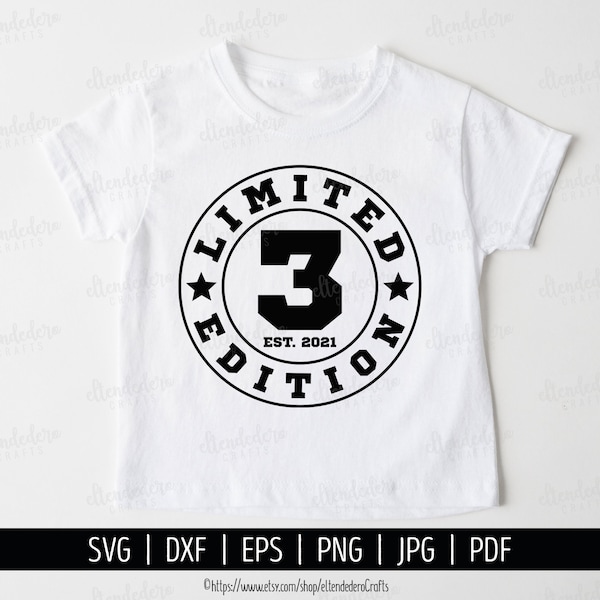 Drei Est 2021 SVG. 3 Geburtstag Shirt Vektor Schneidemaschine. 3 Jahre Squad Limited Edition Abzeichen geschnitten Dateien Silhouette Cricut Download