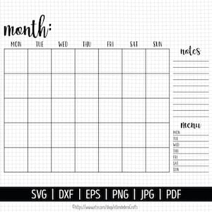 May include: A printable monthly planner with a grid layout for scheduling appointments and tasks. The planner includes sections for notes and a weekly menu.