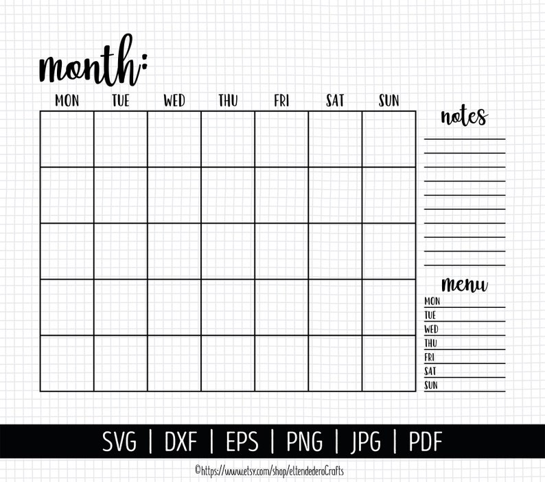 May include: A printable monthly planner with a grid layout for scheduling appointments and tasks. The planner includes sections for notes and a weekly menu.