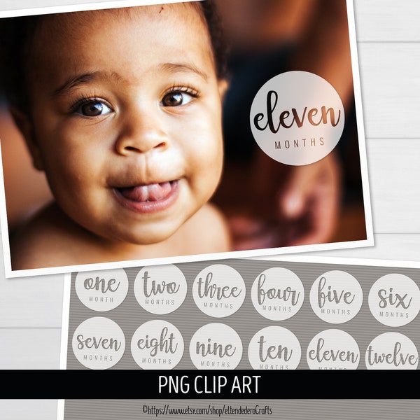 Baby Milestone Overlays. Modern Baby First Year Monthly Round Stickers. 1-12 Months Photo Circles. Unisex Baby Age PNG Instant Download