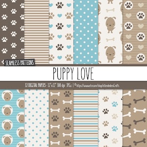 Puppy Digital Paper Pack. Baby Dog, Paws & Bones Seamless Patterns. Printable Papers Set. Pet Backgrounds Digital Scrapbook Instant Download