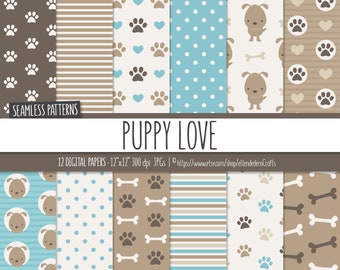Papel Digital Perritos. Kit de Papeles Imprimibles Mascota. Patrones Cachorros, huesos y huellas. Scrapbook Digital. Descarga Instantánea