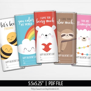 May include: Five printable Valentine's Day chocolate bar wrappers featuring cute animal illustrations. The wrappers are 5.5 inches by 5.25 inches and include the text "let's bee friends!", "you color my world", "I love you beary much", "I like you slow much...", and "you are llamazing!"
