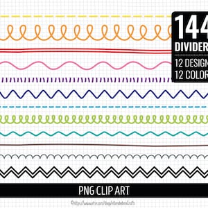 Doodle Dividers PNG Clipart. Colorful Hand Drawn Scallop Ribbons Bundle, Decorative Loop Borders, Digital Page Divider Instant Download