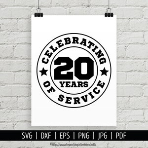 20 anos de serviço SVG. Máquina de corte de camisas de aniversário de trabalho. Comemorando a aposentadoria, emblema de apreciação do funcionário, silhueta Cricut